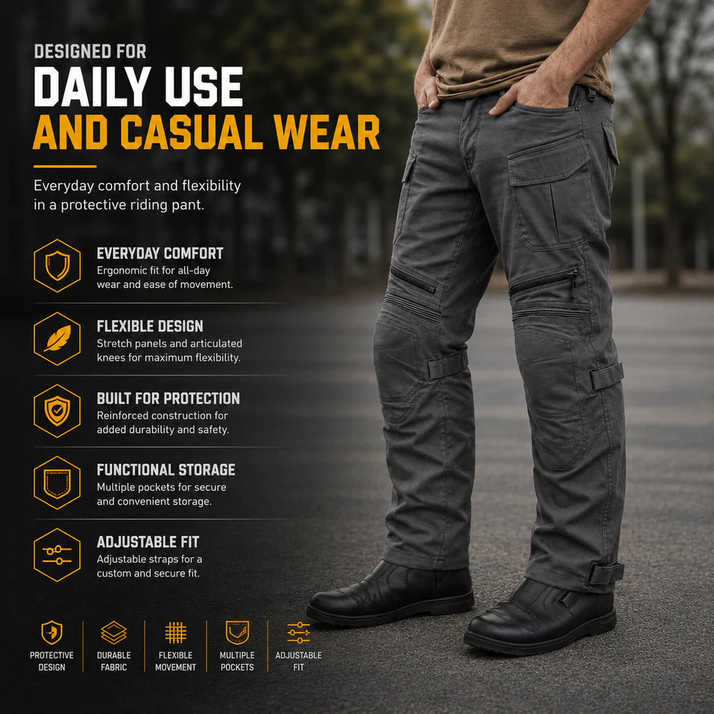 Nomad Riding Cargo Pants – Level 2 CE Knee Protection | Adjustable Straps | Everyday Riding Comfort | 66Bhp