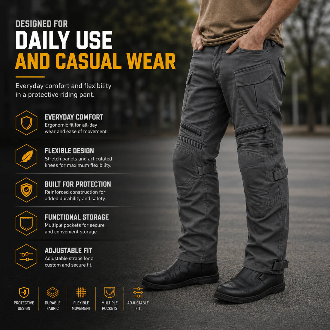 Nomad Riding Cargo Pants – Level 2 CE Knee Protection | Adjustable Straps | Everyday Riding Comfort | 66Bhp